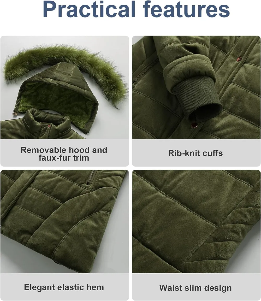 Women's Warm Winter Coat Velvet Puffer Jacket Quilted Faux Fur Hood