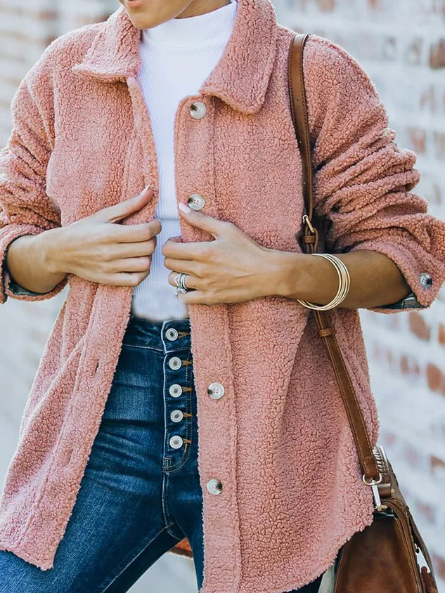 Plain Fluff/Granular Fleece Fabric Casual Teddy Jacket