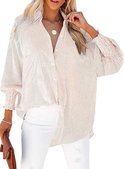 Womens Smocked Cuffed Striped Boyfriend Shirt Casual Collar Long Sleeve Oversized Button Down Blouse Tops with Pocket Shirred