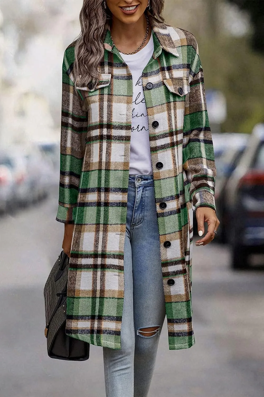 Women's Plaid Shacket 2023 Long Sleeve Button Up Flannel Shirt Winter Tartan Jacket Woolen Coats