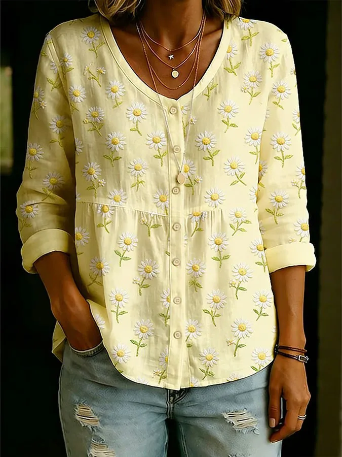 Women'S Floral Art Printed Button Round Neck Shirt
