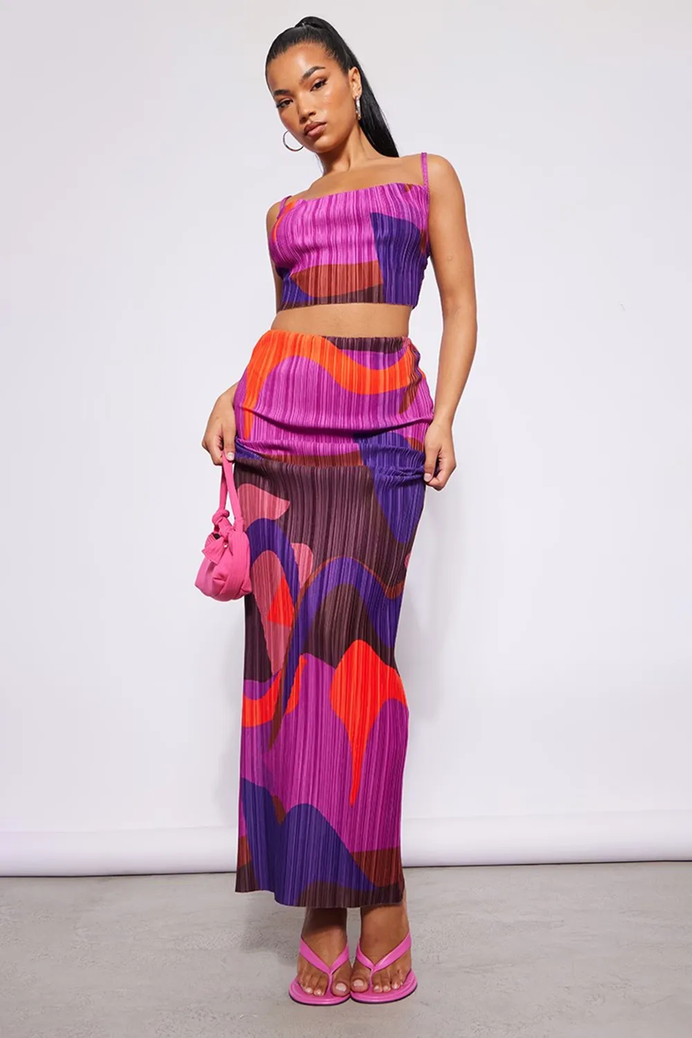 Pink Printed Plisse Strappy Turtleneck Top And Skirt Set