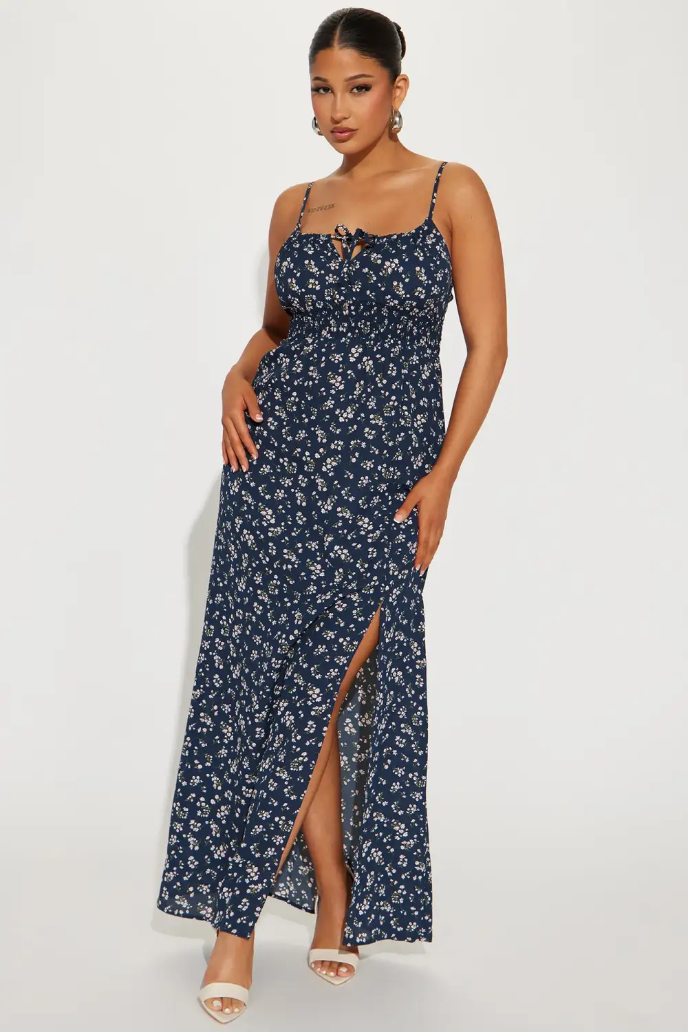 High Slit Floral Maxi Dress - Navy