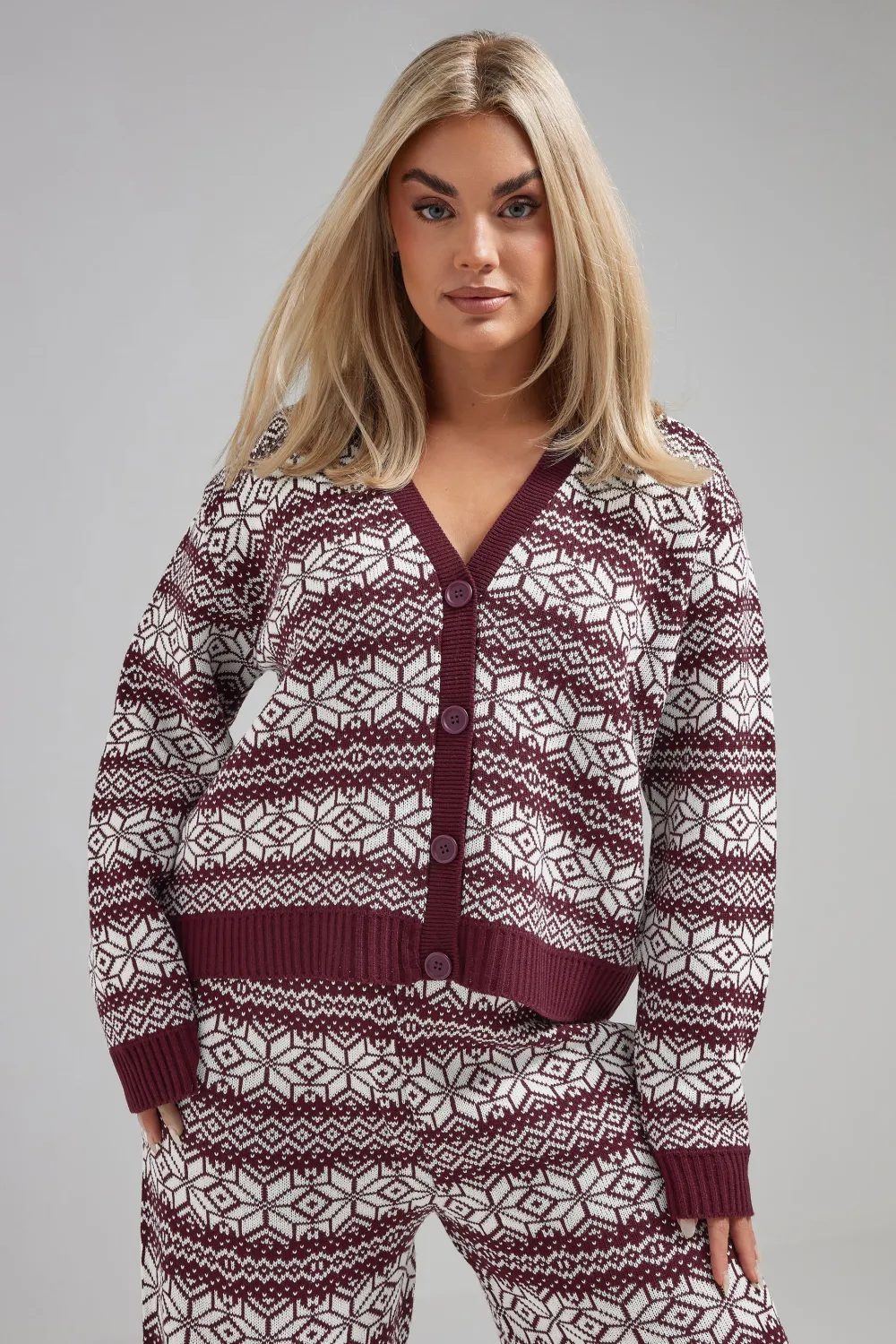 LIMITED COLLECTION Curve Burgundy Red Fairisle Knitted Cardigan