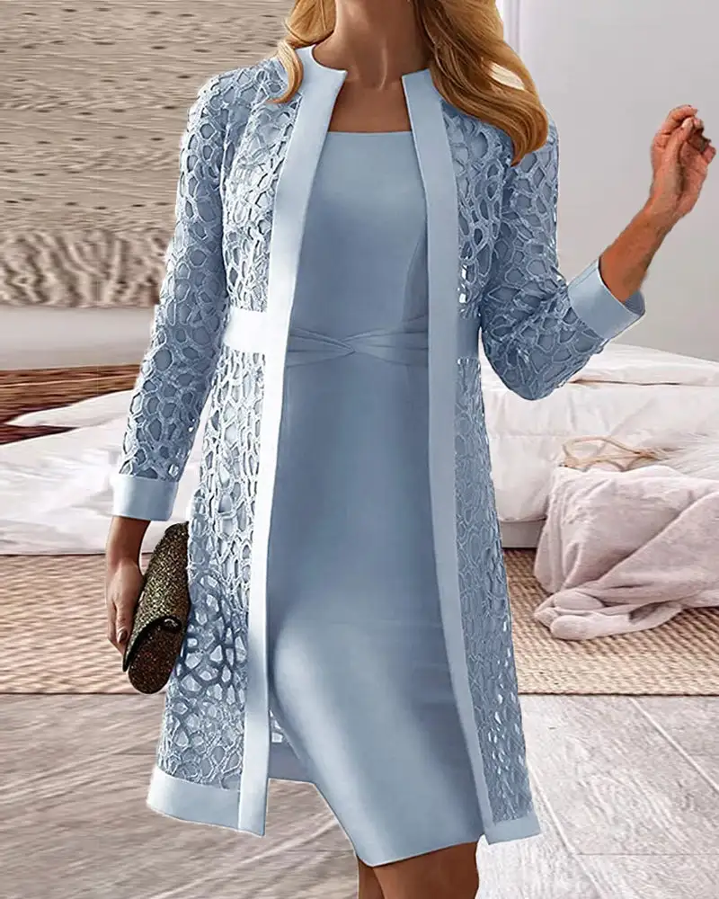 Spring Wedding Guest Dress Women's Solid Color Casual Lace Cardigan Dress Two Piece Sets