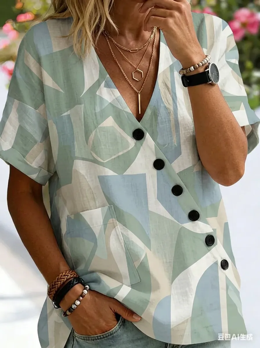 Women's Nashville Geometric Abstract Printed V-neck Button Top