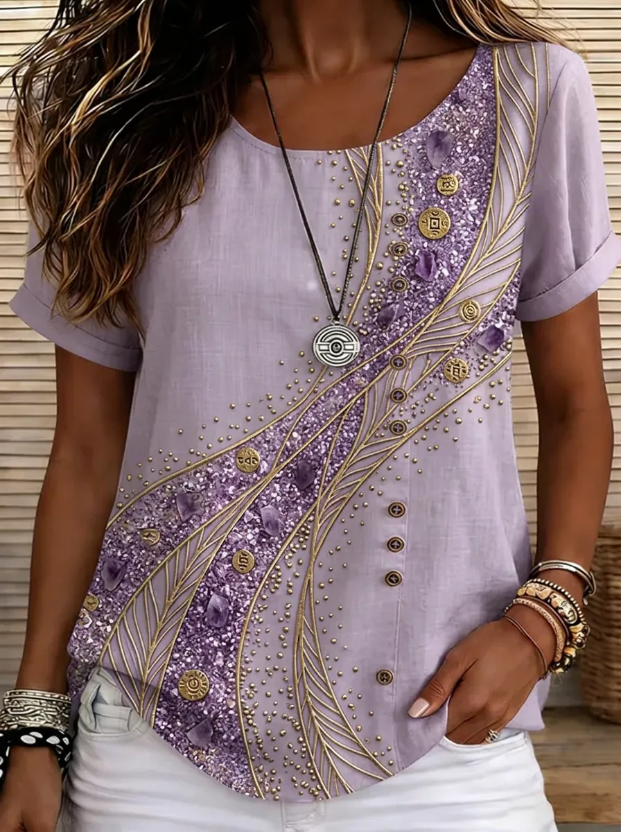 Women's Nashville Theme Purple Crystal Gold Pattern Printed T-shirt