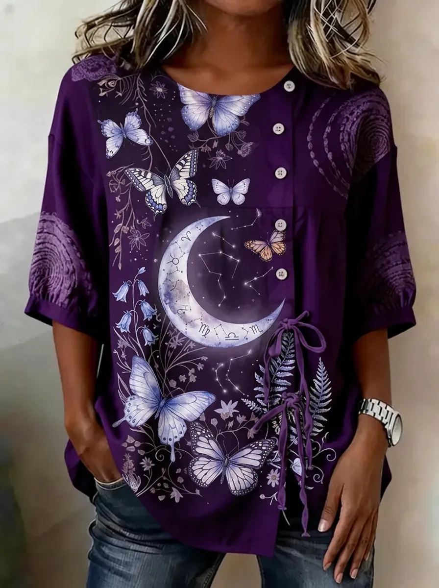 Women's Celestial Butterfly Moon Printed Button Up Top