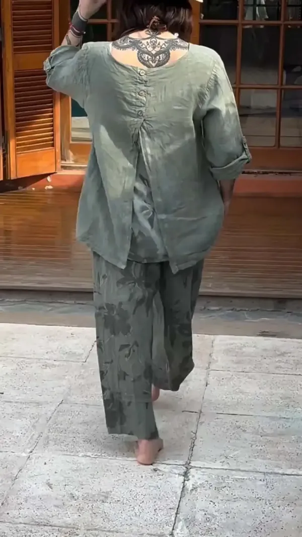 Women's Casual Cotton and Linen Printed Long Sleeve Suit