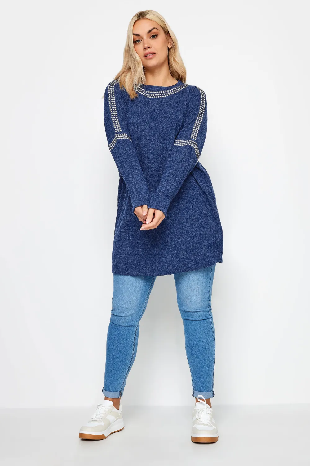 YOURS Curve Blue Stud Neckline Embellished Jumper