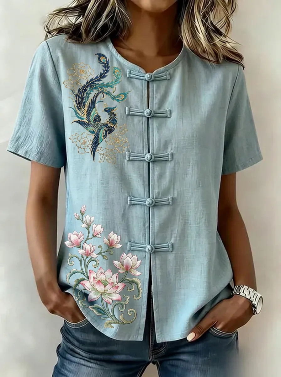 Women's Nashville Phoenix Lotus Floral Printed Chinese Style Top