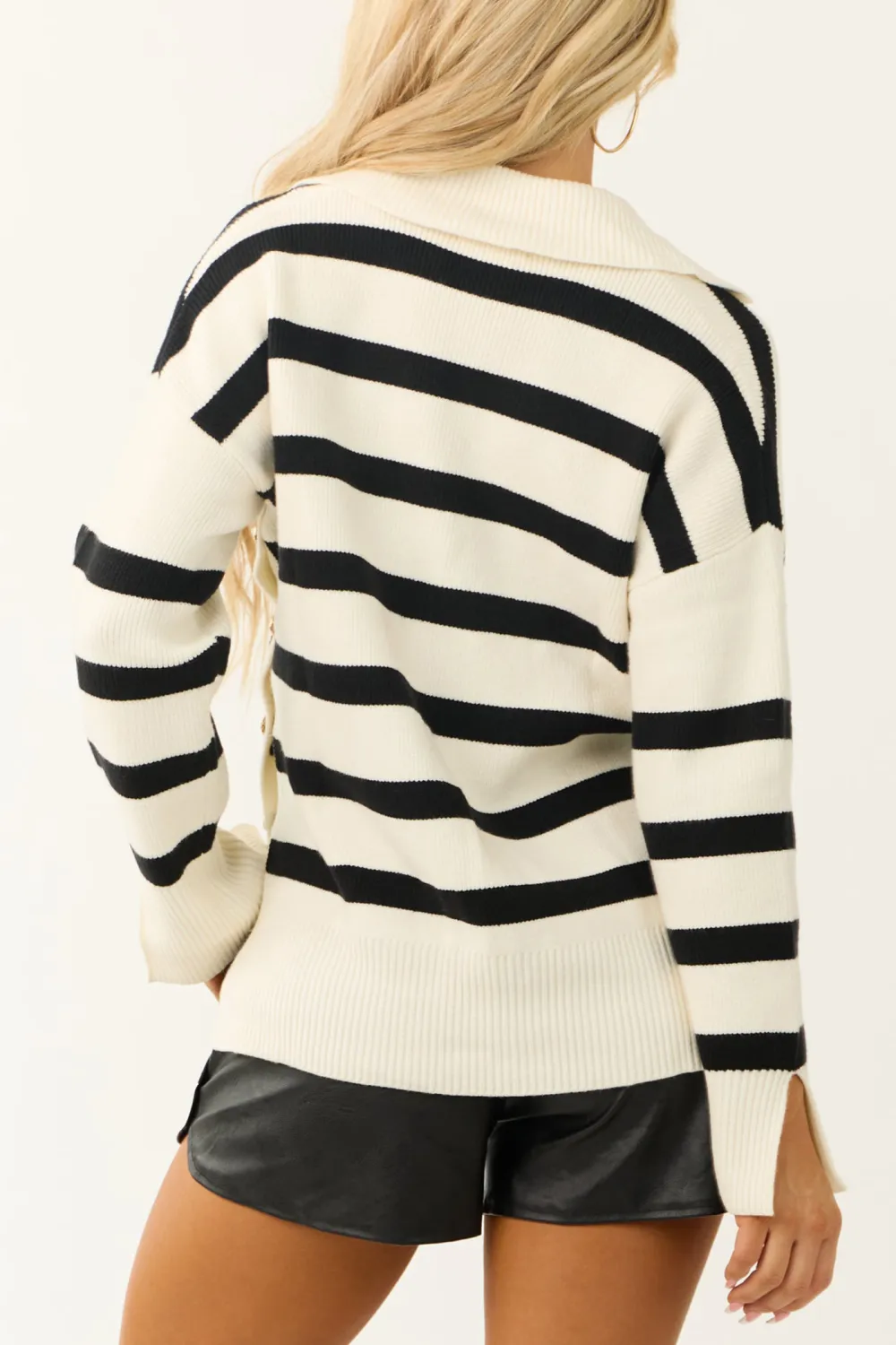 Cream and Black Striped Side Button Sweater