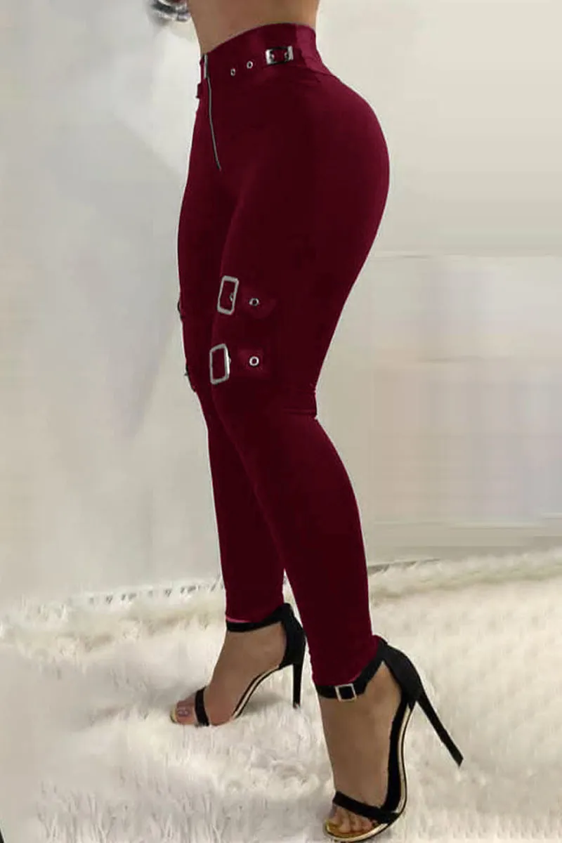 Zip Front Buckle Belted Skinny Pants