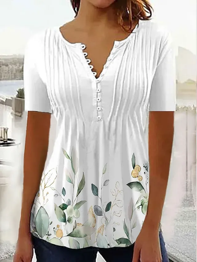 Women's Shirt Blouse Black White Green Floral Button Print Short Sleeve Casual Holiday Basic Round Neck Regular Floral S