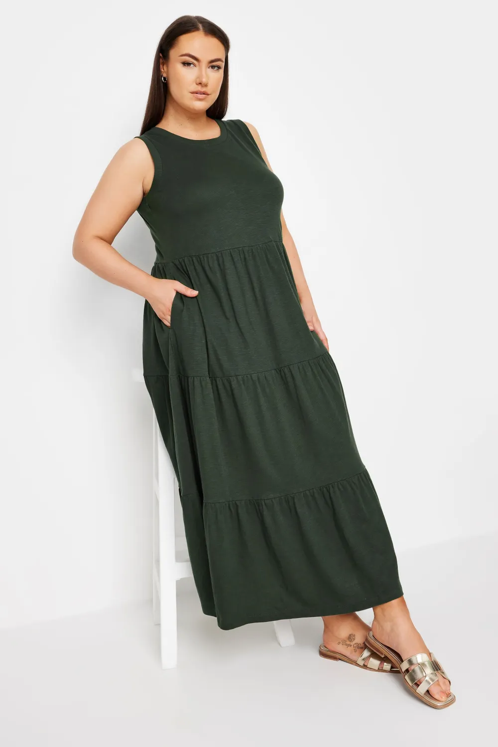 YOURS Curve Khaki Green Tiered Midaxi Dress