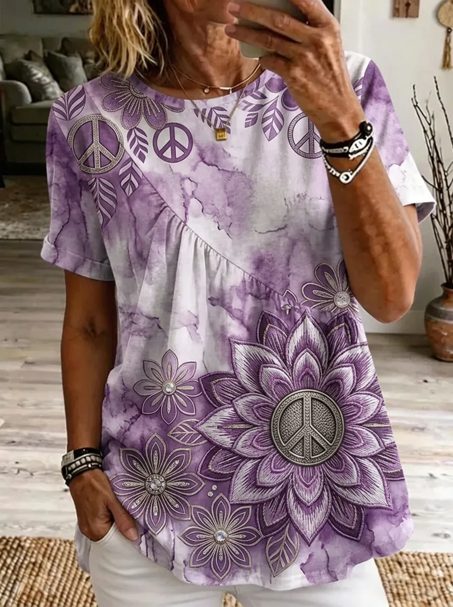 Women's Nashville Peace Sign Floral Tie-Dye Printed T-shirt