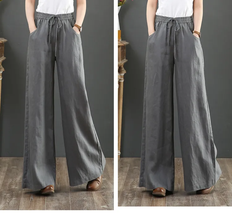 Pure Color Cotton and Linen Wide Leg Pants-Grey