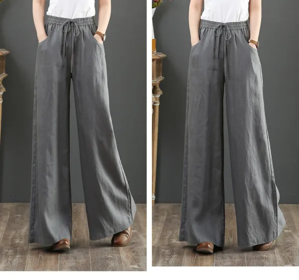 Pure Color Cotton and Linen Wide Leg Pants-Grey