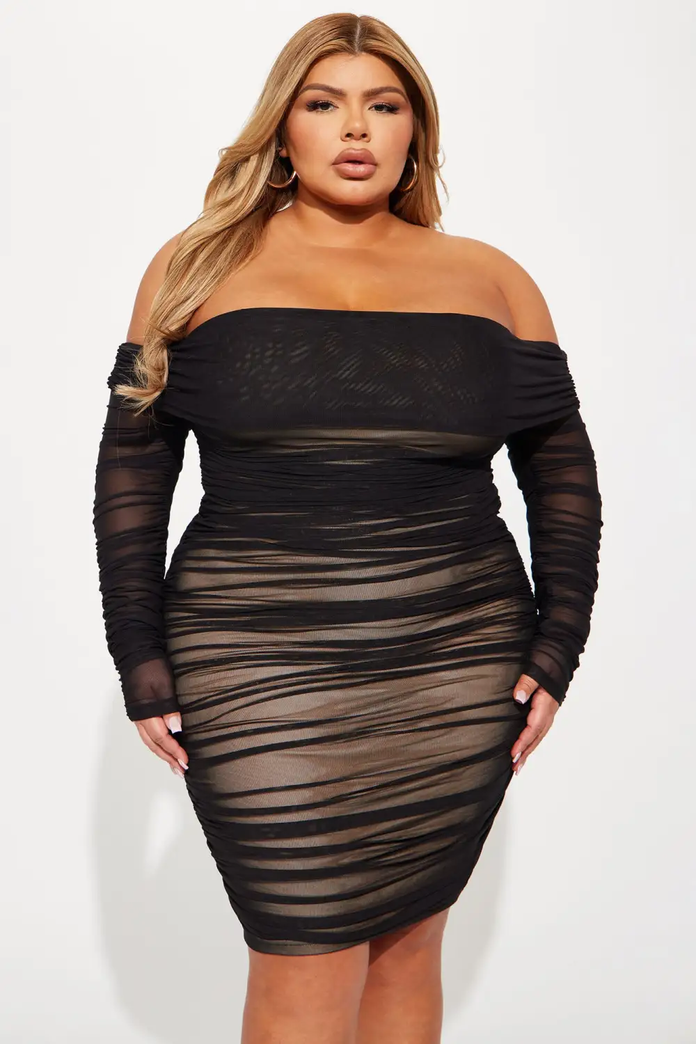 Ready In A Ruched Off Shoulder Midi Dress - Black