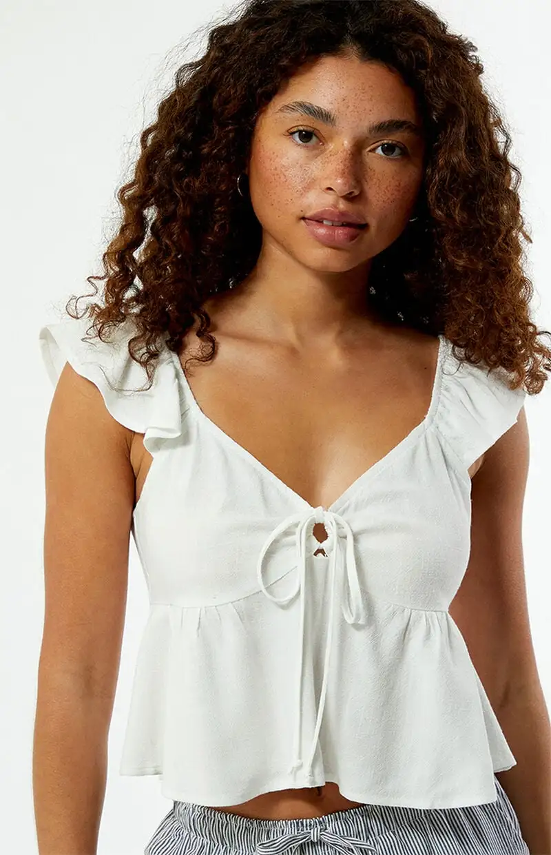 LA Hearts Keyhole Linen Babydoll Top