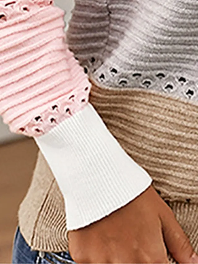 Suéter feminino com capuz e malha canelada com zíper e patchwork Primavera e outono Exterior Diariamente Exterior Moda Casual Macia Manga Longa