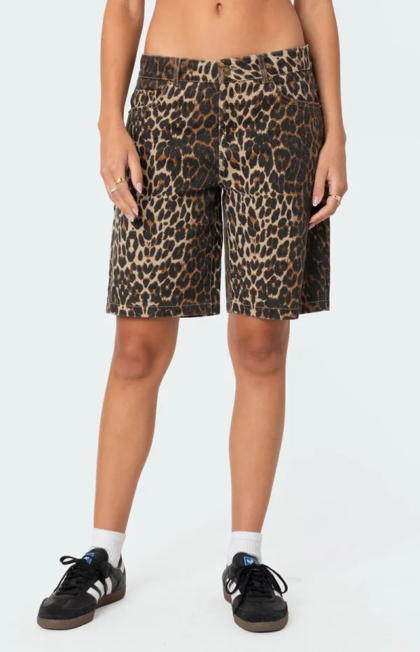 Edikted Leopard Low Rise Denim Bermuda Shorts