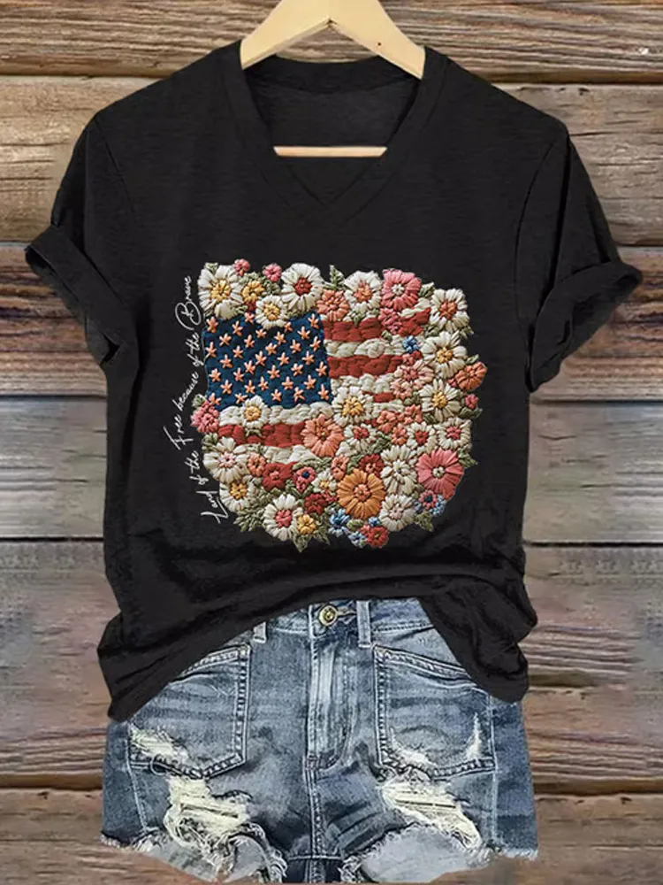 V-neck Retro Independence Day Flowers Because Of The Brave Print T-shirt