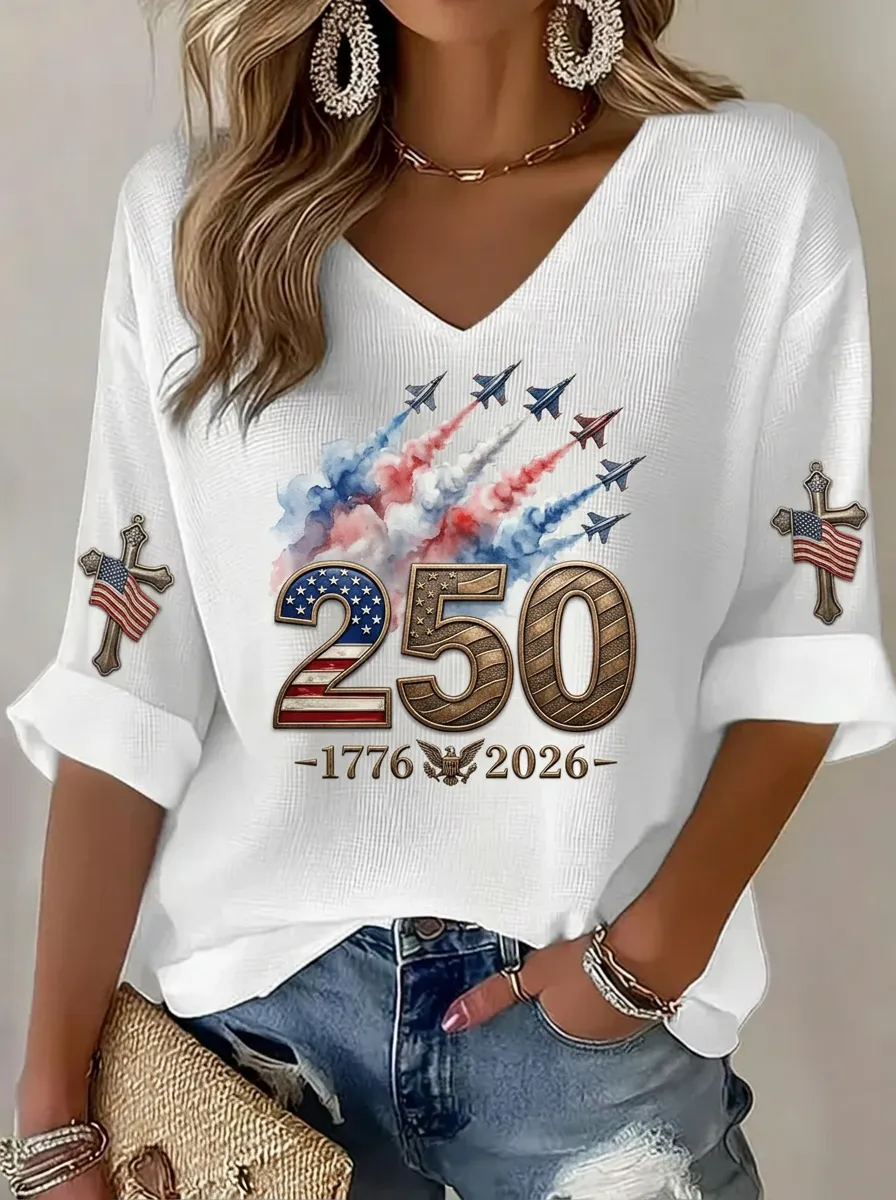 Women's USA 250th Anniversary Jet Cross Printed V-Neck Top