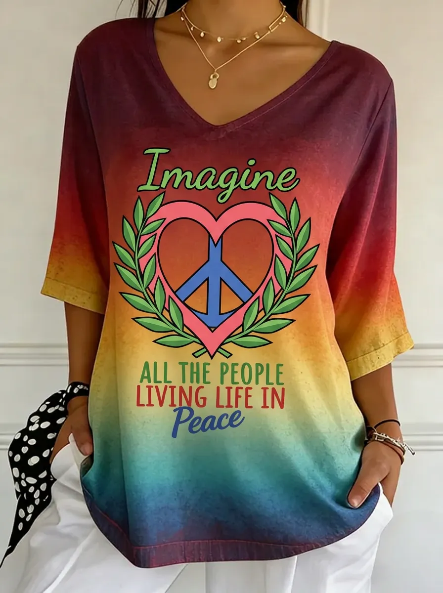 Women's Nashville Peace Heart Imagine Printed V-neck T-shirt