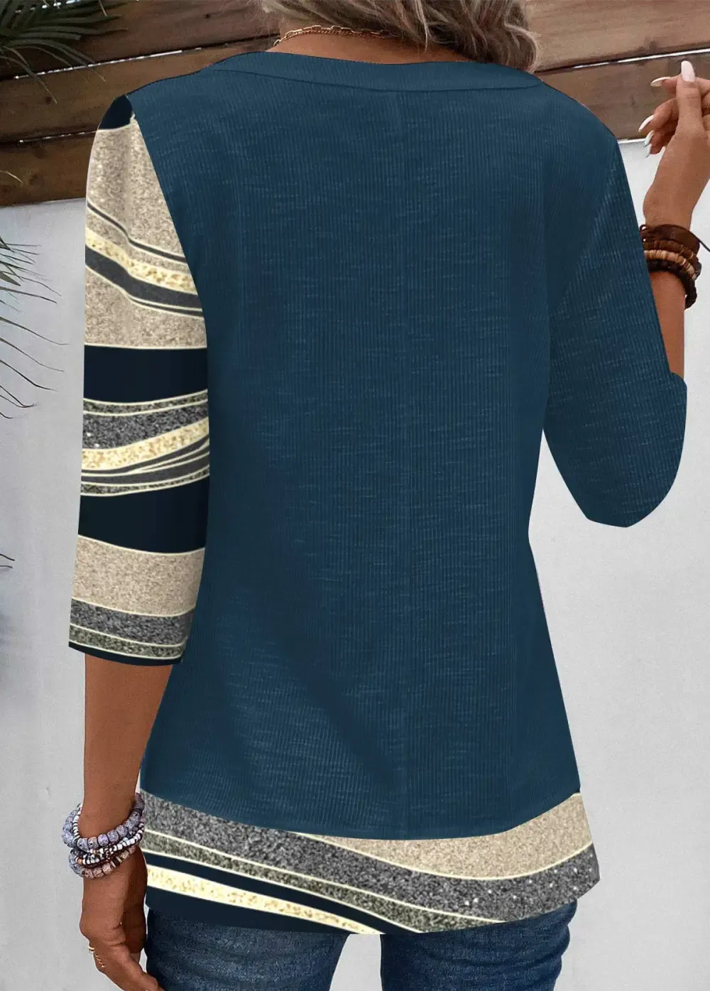 Peacock Blue Patchwork Geometric Print 3/4 Sleeve T Shirt