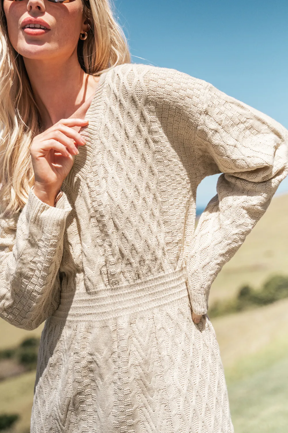 V-Neck Ribbed Cable Knit Sweater Dress
