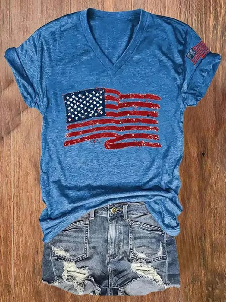 Women'S National Flag Pattern Print Short-Sleeved T-Shirt