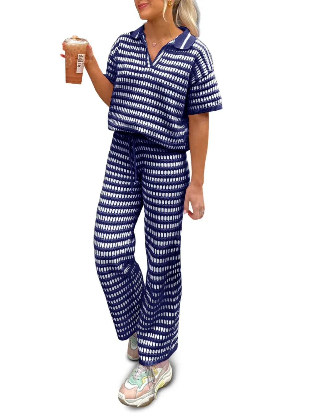 Womens 2 Piece Outfits Striped Short Sleeve Sweater Tops Knit Sets Wide Leg Pants Lounge Set