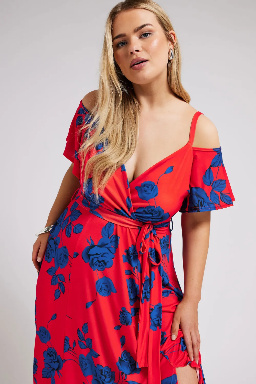 YOURS LONDON Curve Red & Blue Floral Bardot Maxi Dress