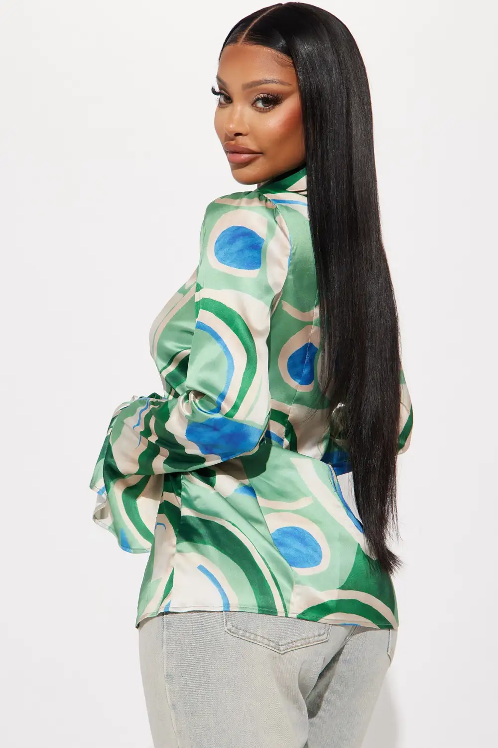 Picture This Satin Blouse Top - Green/combo