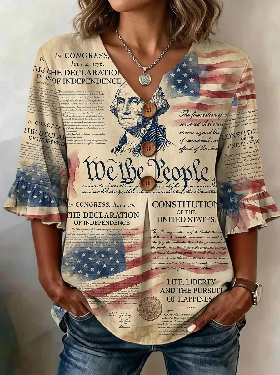 Women's Patriotic USA Declaration Printed V-Neck Button Top