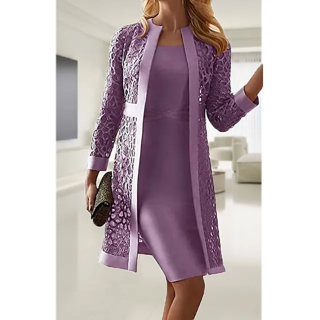 Women's Lace Dress Dress Set Midi Dress Purple Pink Yellow Light Blue Gray Long Sleeve Pure Color Lace Hollow Out Spring Fall Crew Neck Elegant Party Spring Dress