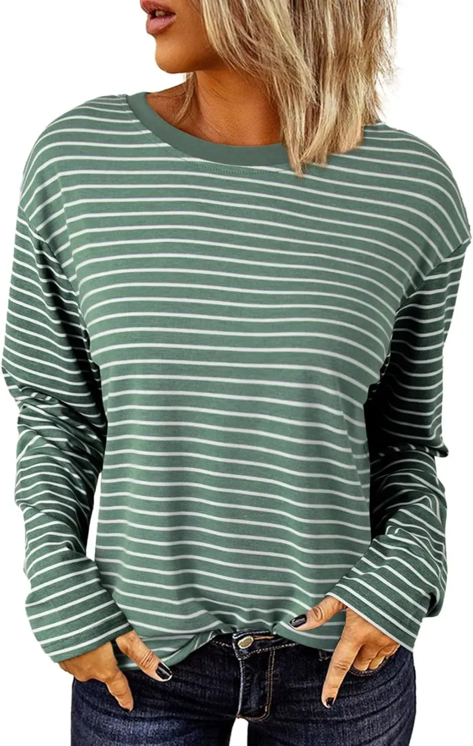 Dokotoo Women's Casual Striped Long Sleeve Tops Crew Neck Knit Ribbed Basic T Shirts