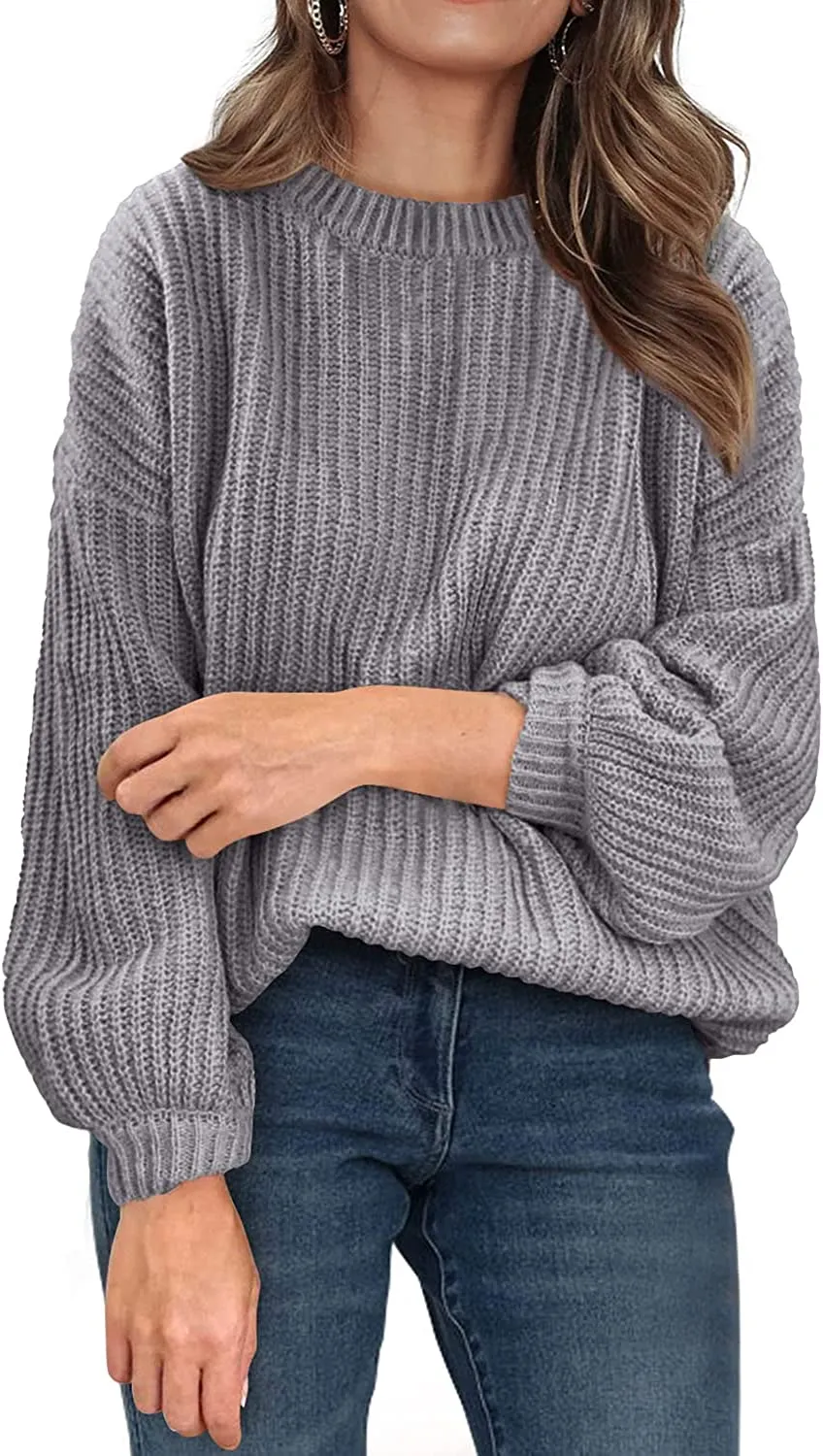 Women's Crew Neck Loose Drop Shoulder Lantern Sleeve Casual Solid Color Knit Pullover Sweater