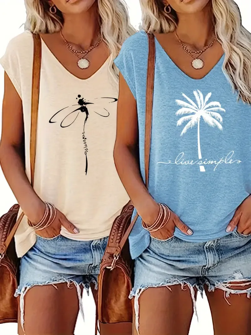 2-Pack V-Neck Cap Sleeve T-Shirts for Women, Casual Loose Summer Tops for Spring