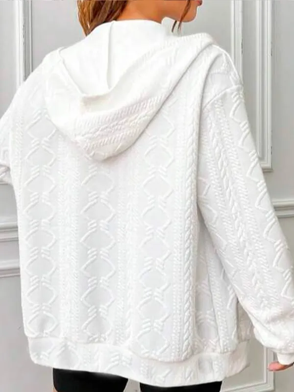 Geometric Casual Hoodie Loose Solid Zip Up Drop Shoulder Hooded Kangaroo Pocket Sweatshirt