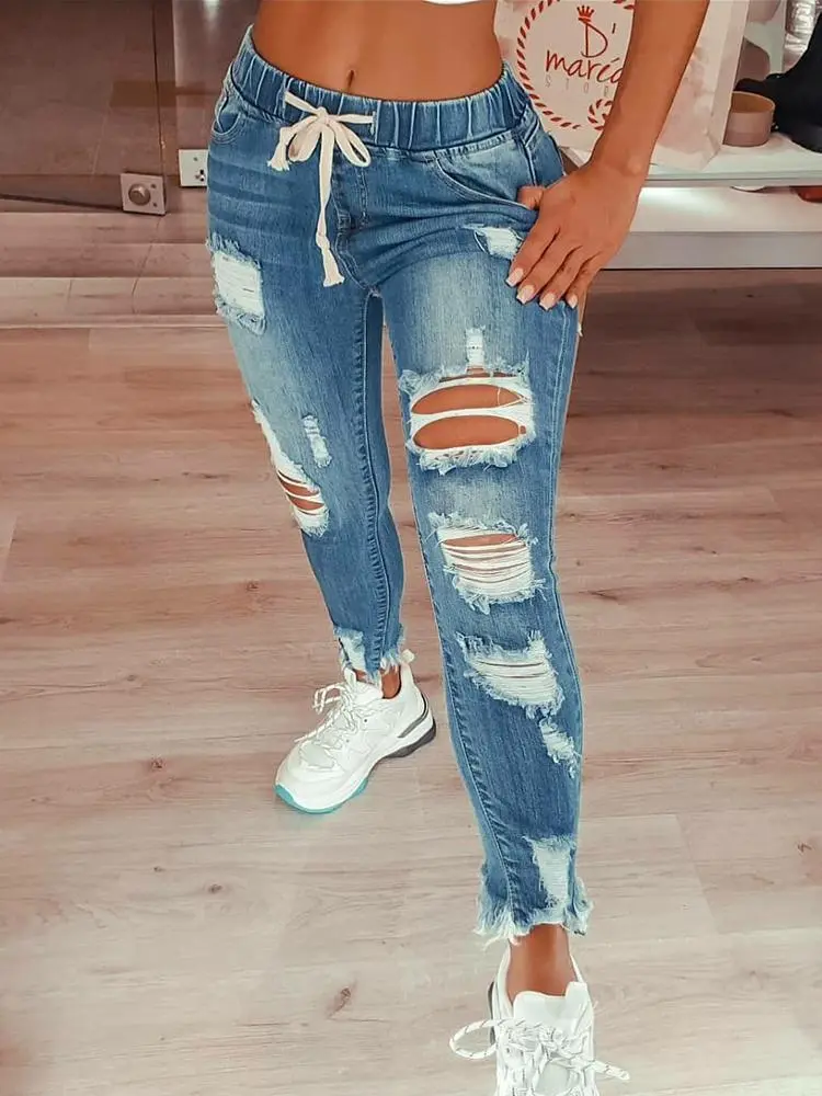 Solid Ripped Skinny Jean Pants