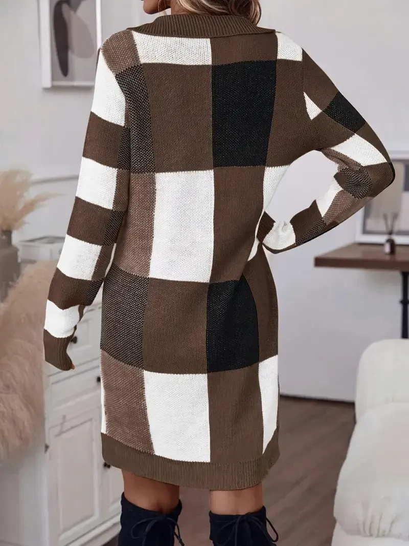 Plaid Pattern Notched Neck Sweater Dress, Elegant Long Sleeve Slim Dress For Fall & Winter, Women's Clothing