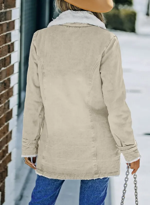 Womens Winter Warm Jean Jacket Stand Collar Wool Liner Sherpa Denim Coats Thicker Outerwear with Pockets