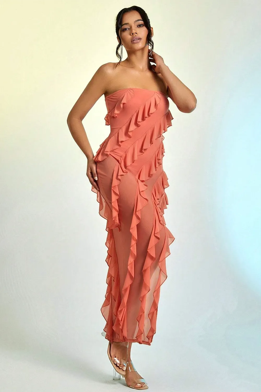 Ruffle Trim Asymmetrical Hem Mesh Tube Dress