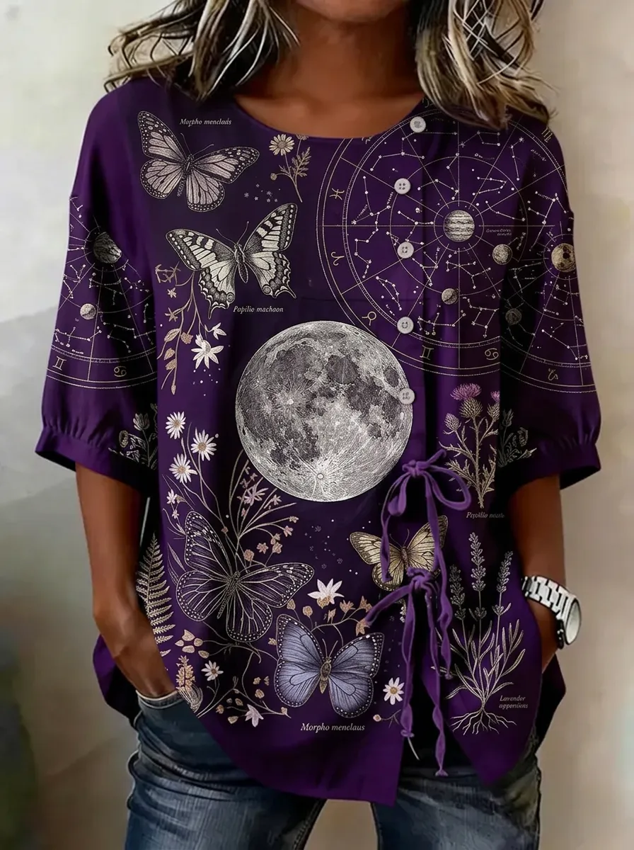 Women's Celestial Butterfly Moon Printed Buttoned Top