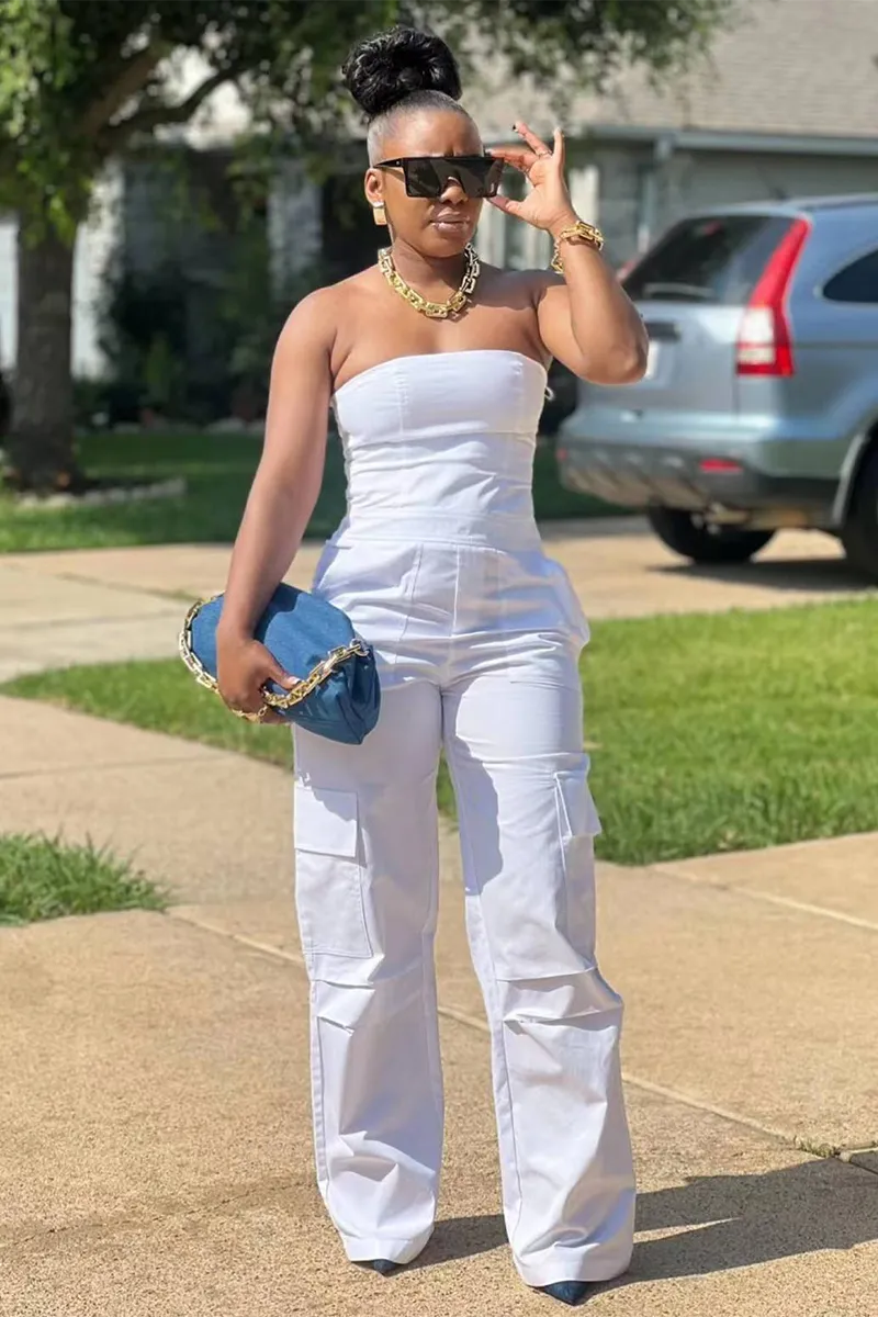Strapless High Waist Straight Leg Pockets Cargo Jumpsuit-White