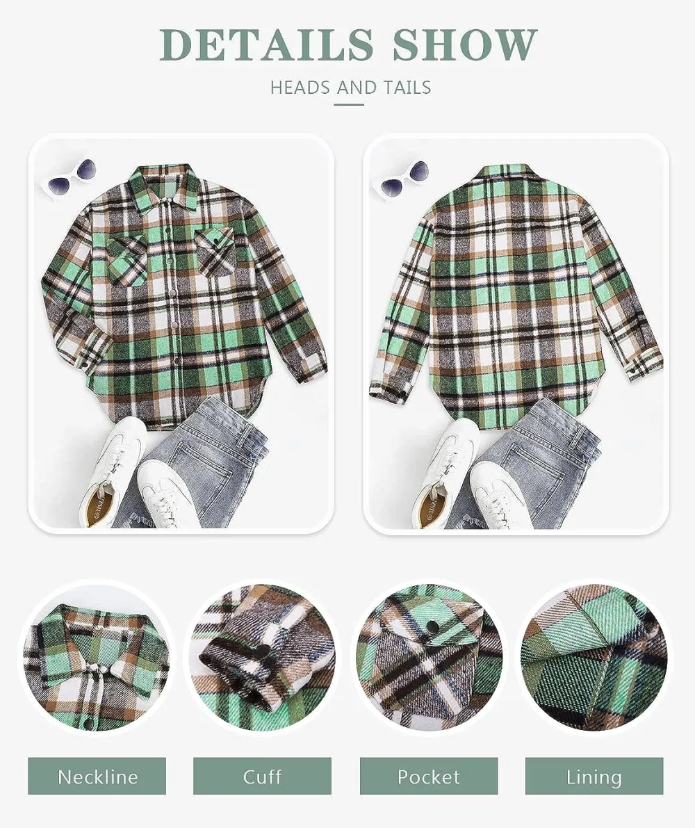Women's Flannel Plaid Shacket Long Sleeve Button Down Chest Pocketed Shirts Jacket Coats
