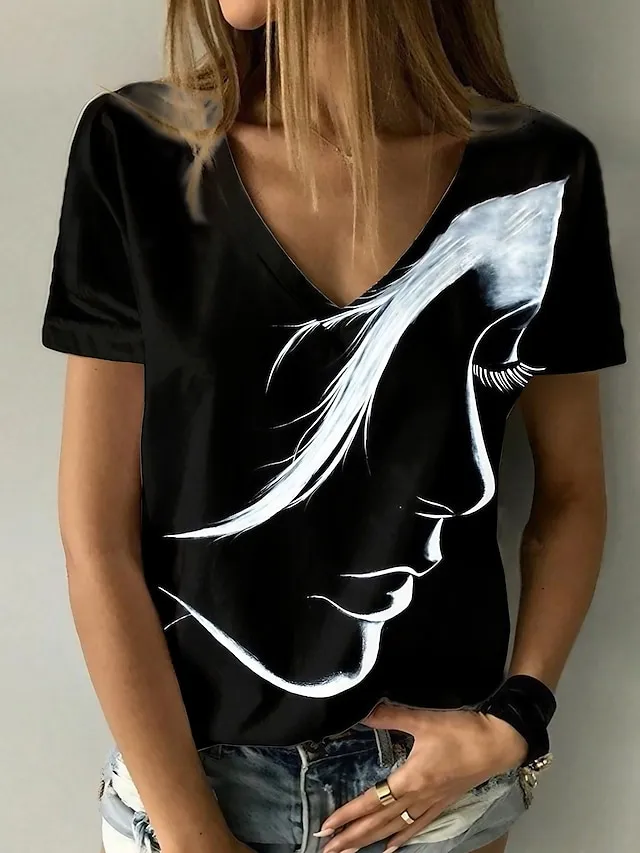 Women's T shirt Tee Black White Gray Graphic Letter Print Short Sleeve Daily Weekend Daily Basic Casual V Neck Regular S