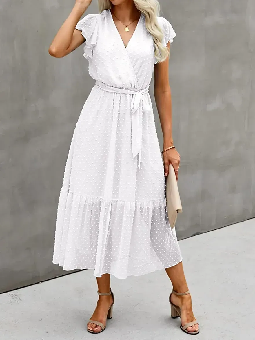 Women Summer Bohemian Floral Casual Wrap V Neck Ruffle Cap Sleeveless Belt A-Line Pleated Hem Swing Midi Sun Dress